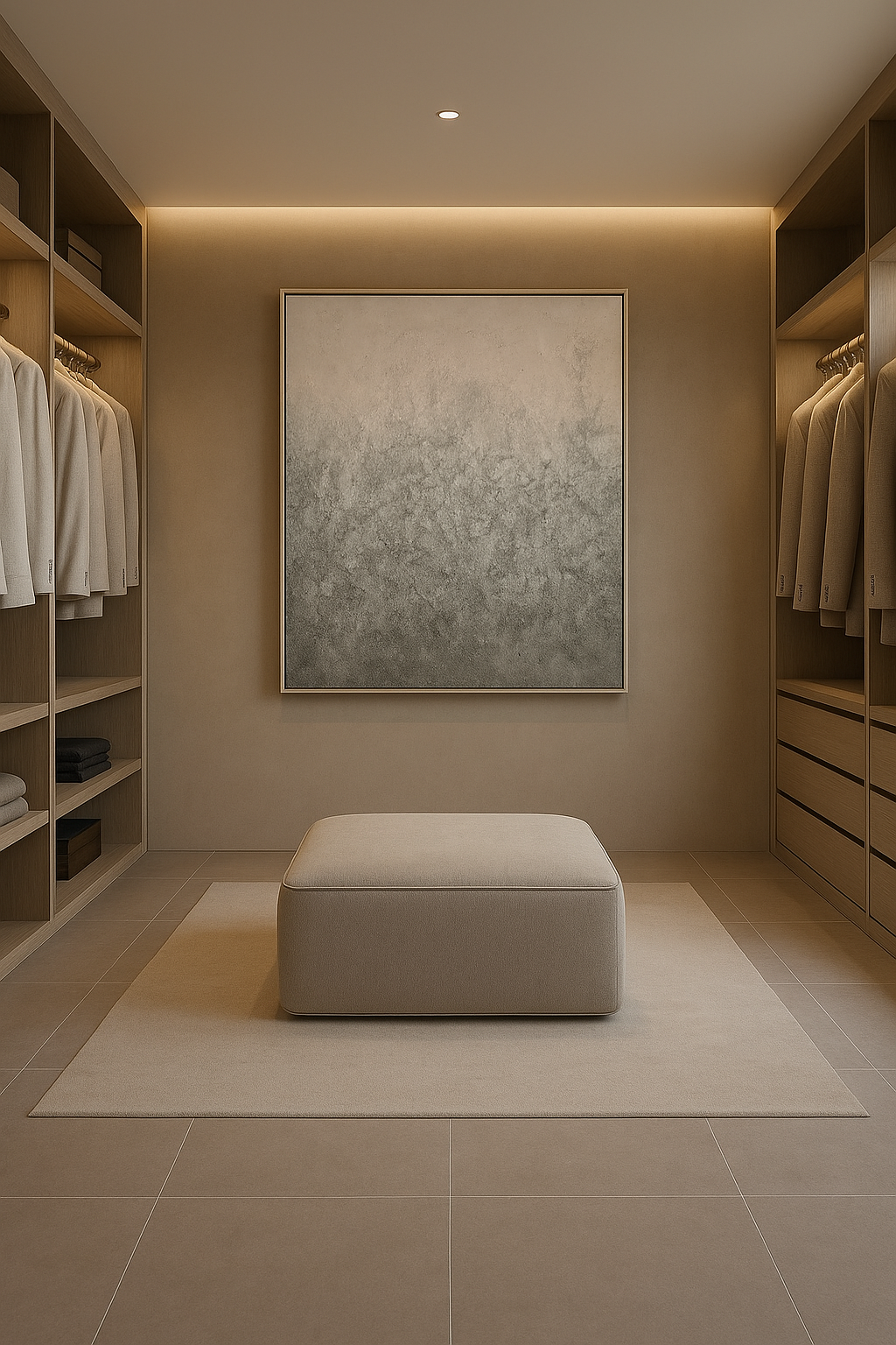 Light textured acrylic painting in walk-in wardrobe designed for luxury interior