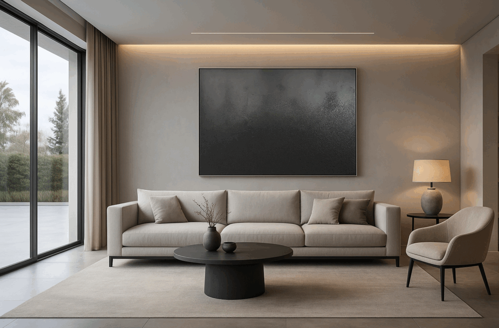 Textured acrylic art with shadow-gap frame, created for high-end designer furniture showroom