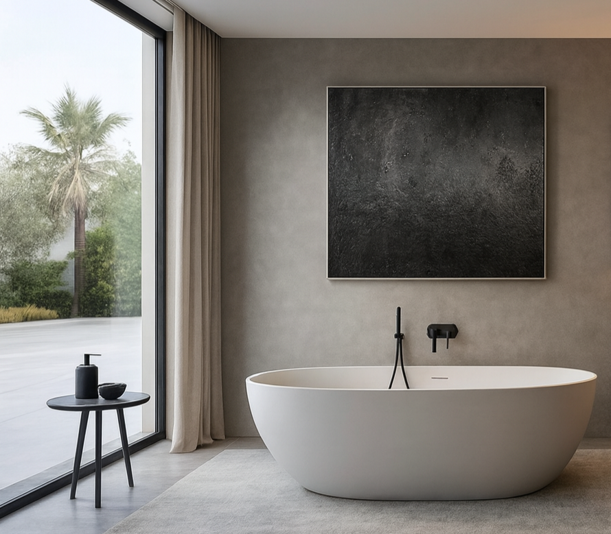 Textured acrylic art with shadow-gap frame, created for high-end designer furniture showroom